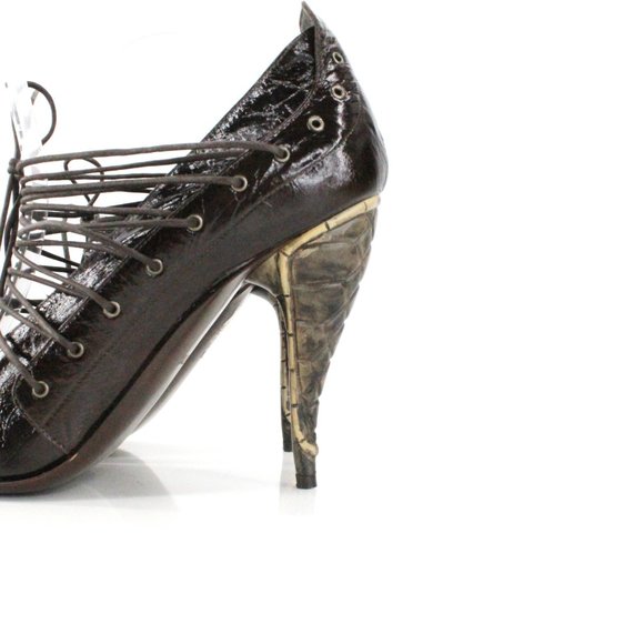 Gianni Barbato Patent Leather Lace Up Pointed Pumps Sculptural Heel Brown 7.5 - Picture 6 of 16